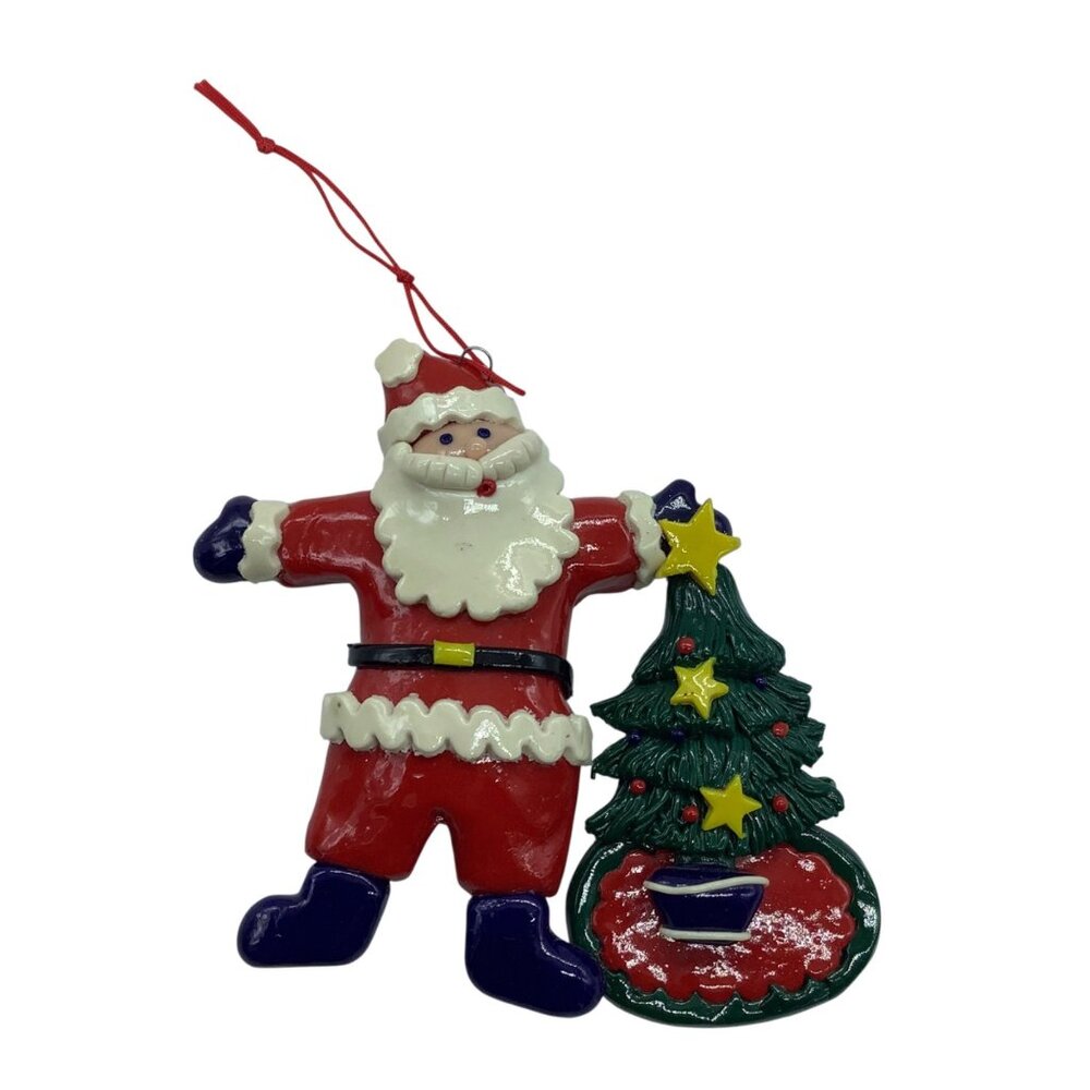 Vintage‎ SILVESTRI Santa and Christmas Tree Handmade Painted Ornament 5"x5"